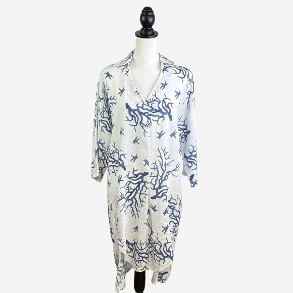 Cristina Vergani Linen Blend Coral Print Dress Hi-Low Size M Italy White Blue - Picture 1 of 15
